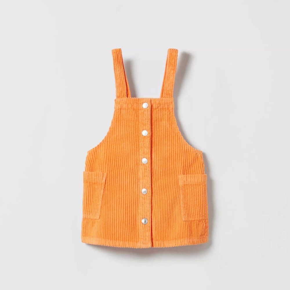 Zara 4T Girl’s Orange Snaps Corduroy Pinafore Dress NWT